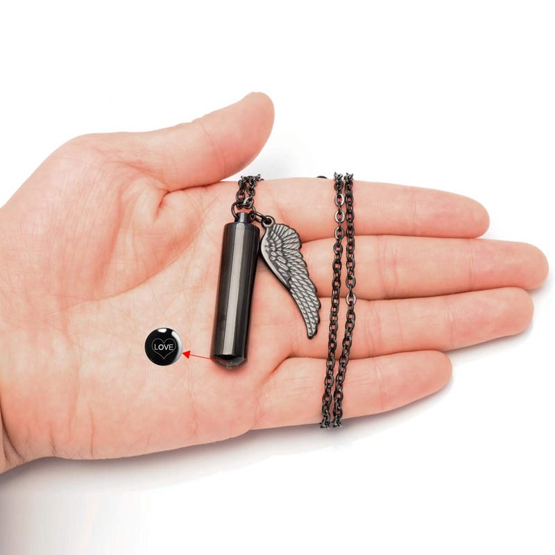 Dletay Cylinder Cremation Urn Necklace for Ashes Memorial Keepsake Pendant with Angel Wing Stainless Steel Remembrance Jewelry(Black) - Image 5